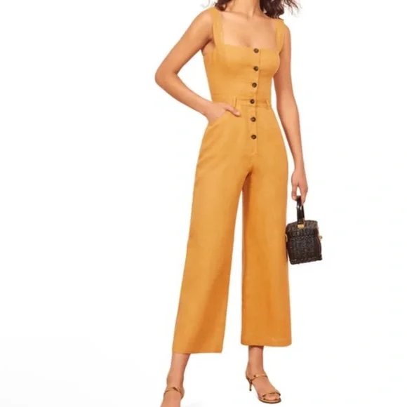 NEW REFORMATION TYLER BUTTON LINEN JUMPSUIT IN OCHRE 4 - Picture 3 of 7